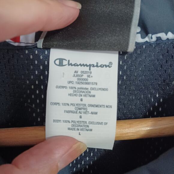 Champion Script Logo Cropped Jacket Women Large Navy Blue Tape Zippered Sleeves - Picture 4 of 7